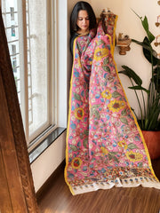 Handpainted Kalamkari Dupatta with Thread & Mirror Handwork in Chanderi Silk