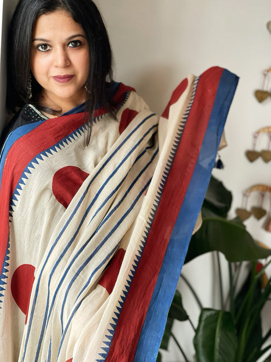 Beige Handblock printed dupatta in Mul Cotton