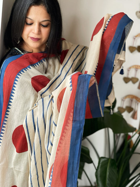 Beige Handblock printed dupatta in Mul Cotton