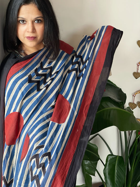 Beige Handblock printed dupatta in Mul Cotton