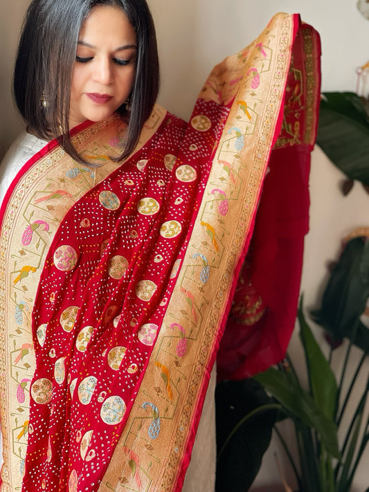 Red Rai Bandhej Dupatta with Meenakari Jaal design in Pure Georgette