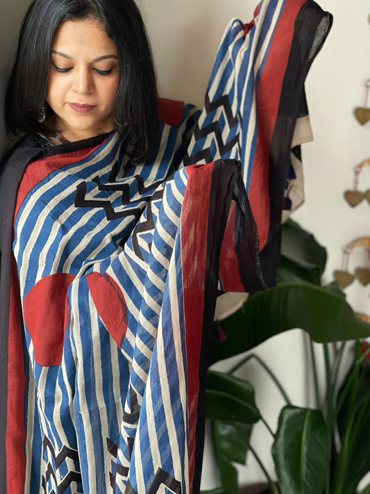 Beige Handblock printed dupatta in Mul Cotton