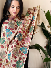 Handpainted Kalamkari Dupatta with Thread & Mirror Handwork in Chanderi Silk