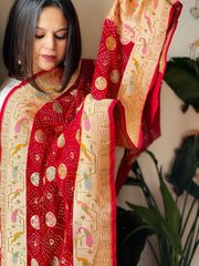 Red Rai Bandhej Dupatta with Meenakari Jaal design in Pure Georgette