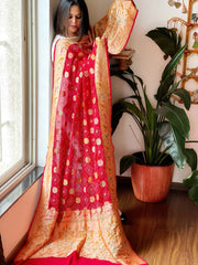 Red Rai Bandhej Dupatta with Meenakari Jaal design in Pure Georgette