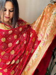 Red Rai Bandhej Dupatta with Meenakari Jaal design in Pure Georgette