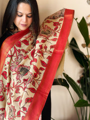 Handpainted Kalamkari Dupatta with Thread & Mirror Handwork in Chanderi Silk