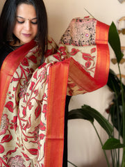 Handpainted Kalamkari Dupatta with Thread & Mirror Handwork in Chanderi Silk