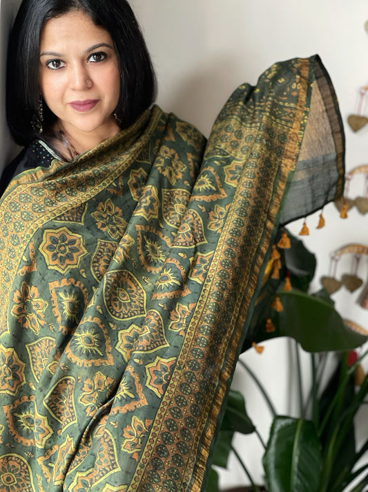 Green Ajrakh Handblock Printed Dupatta on Chanderi Silk