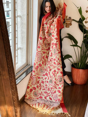 Handpainted Kalamkari Dupatta with Thread & Mirror Handwork in Chanderi Silk