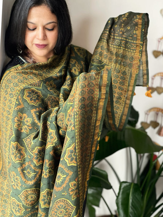 Green Ajrakh Handblock Printed Dupatta on Chanderi Silk