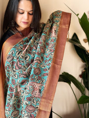 Handpainted Kalamkari Dupatta with Thread & Mirror Handwork in Chanderi Silk