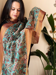 Handpainted Kalamkari Dupatta with Thread & Mirror Handwork in Chanderi Silk