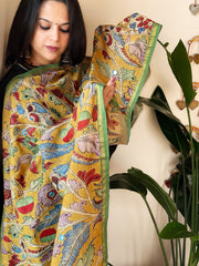 Handpainted Kalamkari Dupatta with Thread & Mirror Handwork in Chanderi Silk