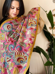 Handpainted Kalamkari Dupatta with Thread & Mirror Handwork in Chanderi Silk