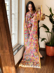 Handpainted Kalamkari Dupatta with Thread & Mirror Handwork in Chanderi Silk