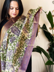 Handpainted Kalamkari Dupatta with Thread & Mirror Handwork in Chanderi Silk