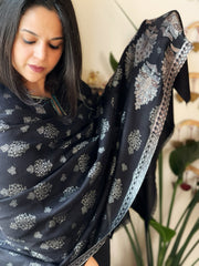 Black Woven Pashmina Stole with Self and Kaani Pallu