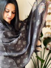 Grey Woven Pashmina Stole with Self and Kaani Pallu