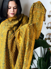 Mustard Ajrakh Handblock Printed Dupatta on Chanderi Silk