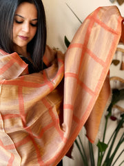 Orange Woven Zari Pashmina Check Design Stole