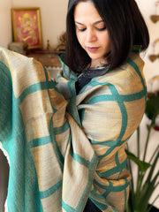 Teal Green Woven Zari Pashmina Check Design Stole