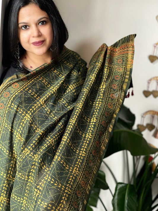 Green Ajrakh Handblock Printed Dupatta on Chanderi Silk