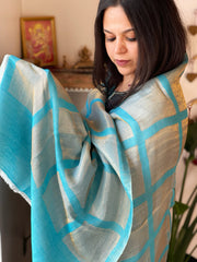 Sky Blue Woven Zari Pashmina Check Design Stole