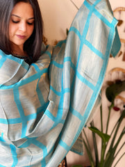 Sky Blue Woven Zari Pashmina Check Design Stole