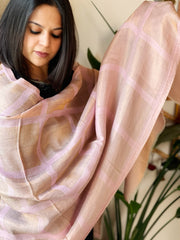 Pink Woven Zari Pashmina Check Design Stole