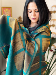 Teal Blue Woven Zari Pashmina Check Design Stole