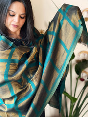 Teal Blue Woven Zari Pashmina Check Design Stole