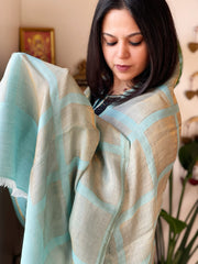 Turquoise Woven Zari Pashmina Check Design Stole