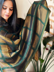 Bottle Green Woven Zari Pashmina Check Design Stole