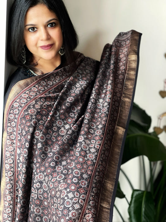 Black Ajrakh Handblock Printed Dupatta on Chanderi Silk