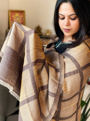 Brownish Grey Woven Zari Pashmina Check Design Stole