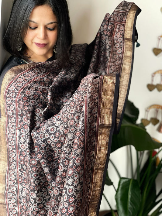 Black Ajrakh Handblock Printed Dupatta on Chanderi Silk