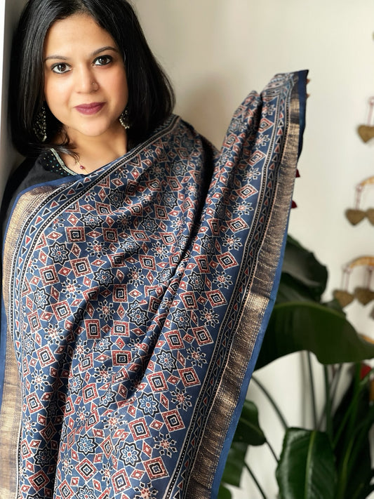 Blue Ajrakh Handblock Printed Dupatta on Chanderi Silk