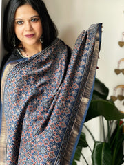 Blue Ajrakh Handblock Printed Dupatta on Chanderi Silk