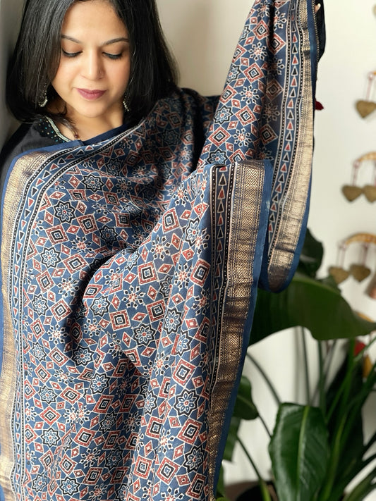 Blue Ajrakh Handblock Printed Dupatta on Chanderi Silk