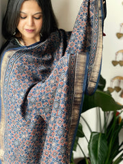 Blue Ajrakh Handblock Printed Dupatta on Chanderi Silk