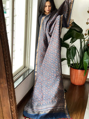 Blue Ajrakh Handblock Printed Dupatta on Chanderi Silk