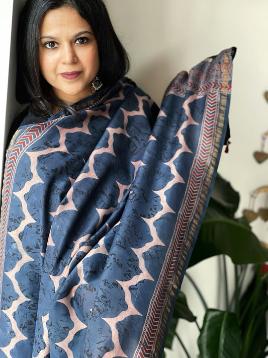 Blue Ajrakh Handblock Printed Dupatta on Chanderi Silk