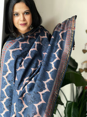 Blue Ajrakh Handblock Printed Dupatta on Chanderi Silk