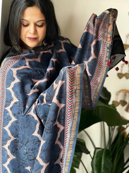 Blue Ajrakh Handblock Printed Dupatta on Chanderi Silk
