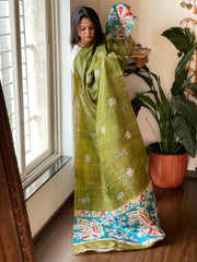 Green Handpainted Dupatta with Kantha Hand Embroidery in Pure Silk