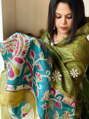 Green Handpainted Dupatta with Kantha Hand Embroidery in Pure Silk