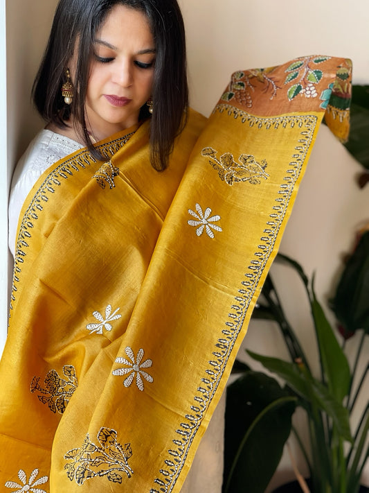 Yellow Handpainted Dupatta with Kantha Hand Embroidery in Pure Silk