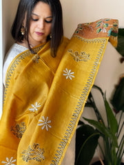 Yellow Handpainted Dupatta with Kantha Hand Embroidery in Pure Silk