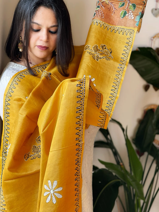 Yellow Handpainted Dupatta with Kantha Hand Embroidery in Pure Silk